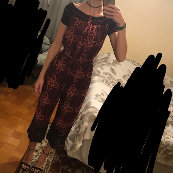 Orange Purple Burgundy Maroon Printed Off the Shoulder Cropped Romper Jumpsuit🧡 - Picture 3 of 11